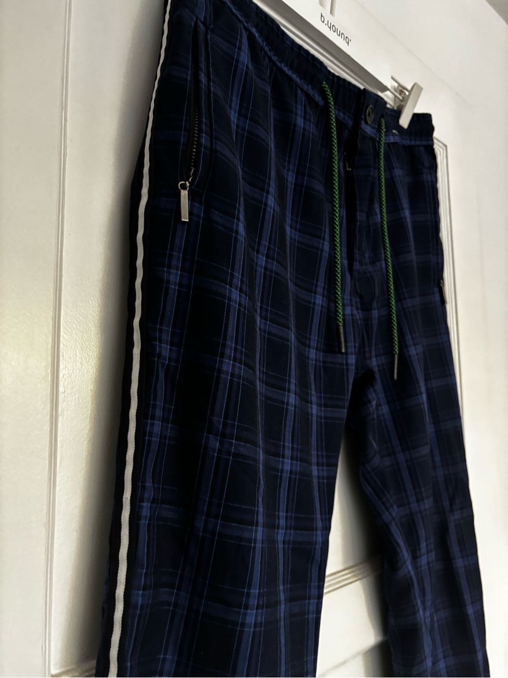 Topman Navy Plaid Joggers with White Side Stripe